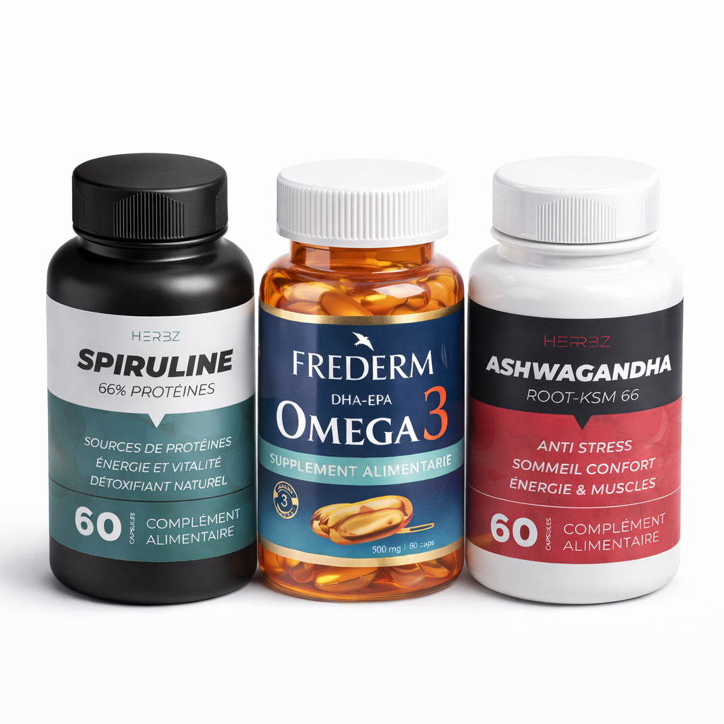 Spiruline + Oméga 3 + Ashwagandha – Brûle Graisses, Anti-Stress & Énergie Durable (180 Capsules)